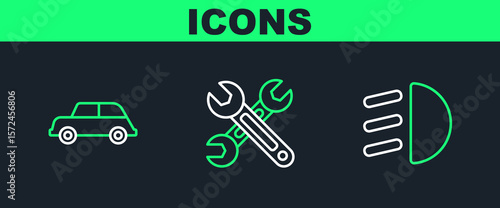 Set line High beam, Car and Wrench icon. Vector