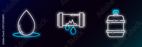 Set line Propane gas tank, Oil drop and Broken metal pipe with leaking water icon. Glowing neon. Vector