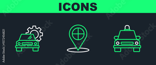Set line Taxi car, Car service and Map pointer with taxi icon. Vector