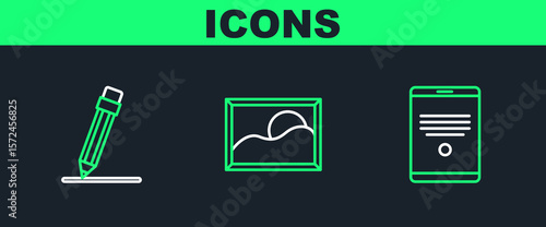 Set line Tablet, Pencil with eraser and Picture landscape icon. Vector