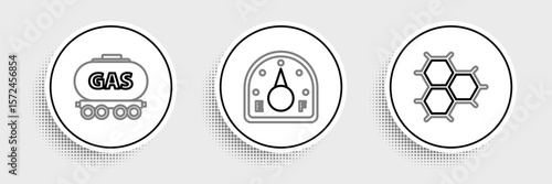 Set line Chemical formula consisting of benzene rings, Gas railway cistern and Motor gas gauge icon. Vector