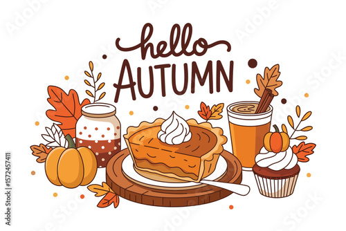 Autumn Pumpkin Spice Vector Bundle: Cozy Drinks, Pastries, and Sweet Treats Isolated on White, Perfect for Fall Graphics and Seasonal Designs.

