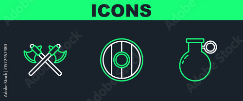 Set line Hand grenade, Crossed medieval axes and Round wooden shield icon. Vector