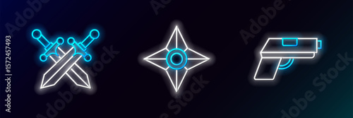 Set line Pistol or gun, Crossed medieval sword and Japanese ninja shuriken icon. Glowing neon. Vector