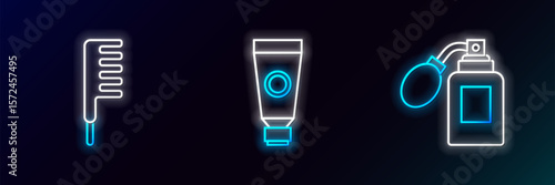 Set line Aftershave bottle with atomizer, Hairbrush and Cream or lotion cosmetic tube icon. Glowing neon. Vector