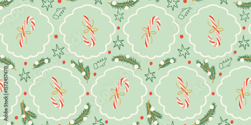 Christmas candy canes seamless pattern. Candy canes with stripes, bows, stars, tree branches holiday season background. Wrapping paper, fabric design.