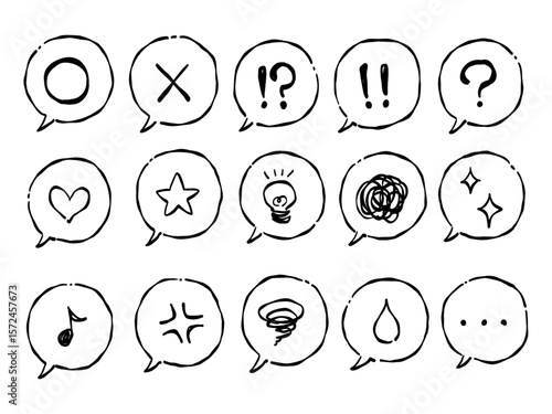 手描きテイストなかわいい感情吹き出しアイコンセット(モノクロ線画)