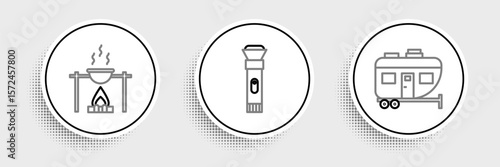 Set line Rv Camping trailer, Campfire and pot and Flashlight icon. Vector