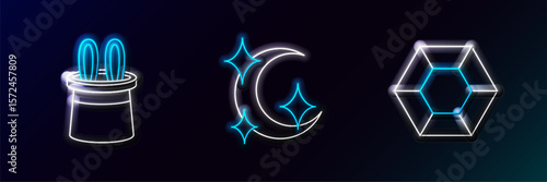 Set line Magic stone, Magician hat and rabbit ears and Moon stars icon. Glowing neon. Vector