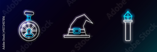 Set line Magic staff, Unicycle or one wheel bicycle and Witch hat icon. Glowing neon. Vector