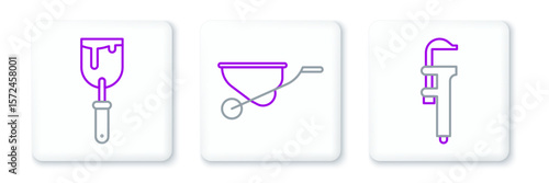 Set line Calliper or caliper and scale, Putty knife and Wheelbarrow icon. Vector