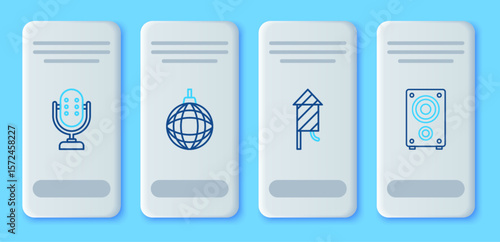 Set line Disco ball, Firework rocket, Microphone and Stereo speaker icon. Vector