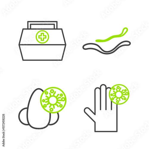 Set line Hand with virus, Runny nose, Ebola disease and First aid kit icon. Vector