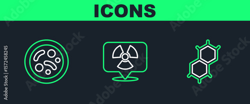 Set line Chemical formula, Bacteria and Radioactive in location icon. Vector