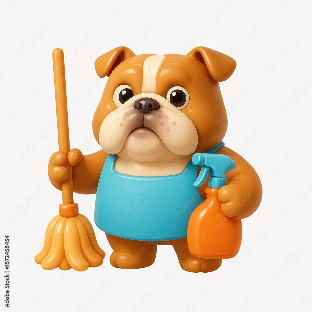 Fototapeta premium Cartoon bulldog cleaning supplies