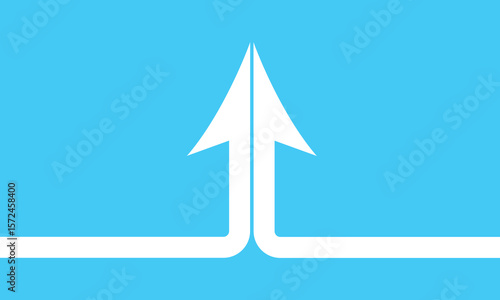 Two white half arrows coming together and merging, forming a single arrow on a background.