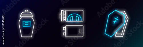 Set line Coffin with cross, Funeral urn and Crematorium icon. Glowing neon. Vector