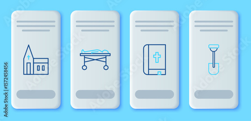 Set line Dead body in the morgue, Holy bible book, Church building and Shovel icon. Vector