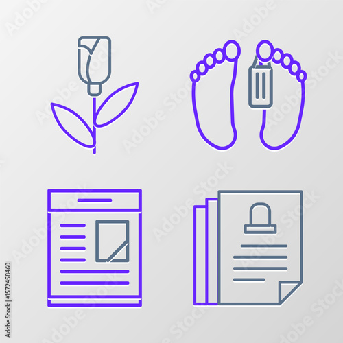 Set line Death certificate, Obituaries, Dead body and Flower rose icon. Vector