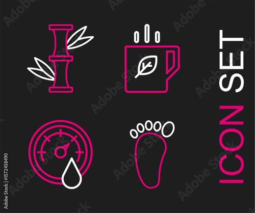 Set line Foot massage, Sauna thermometer, Cup of tea and leaf and Bamboo icon. Vector