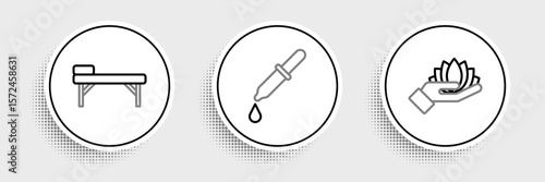 Set line Lotus flower, Massage table and Pipette icon. Vector
