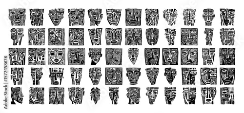 abstract tribal face mask primitive art set