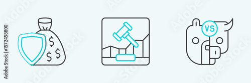 Set line Bull and bear of stock market, Shield money bag and Online internet auction icon. Vector