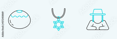 Set line Orthodox jewish hat, Jewish sweet bakery and Star of David necklace on chain icon. Vector
