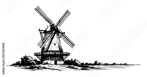 traditional dutch windmill rural landscape drawing