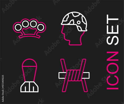 Set line Barbed wire, Aviation bomb, Army soldier and Brass knuckles icon. Vector