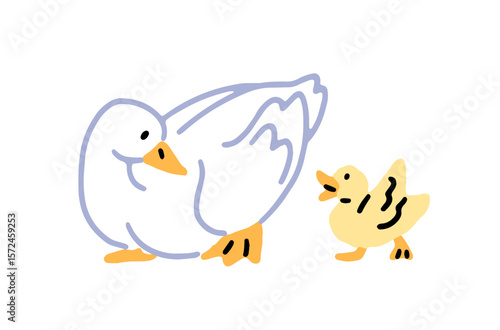Happy duck family walks together. Mother poultry and duckling. Goose and gosling strolls. Fowl and baby bird of ranch, farm animals, livestock. Flat isolated vector illustration on white background