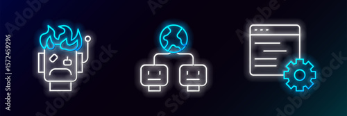 Set line Computer api interface, Robot burned out and Artificial intelligence icon. Glowing neon. Vector