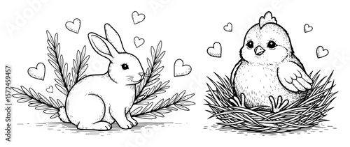 cute easter bunny and chick with nest elements
