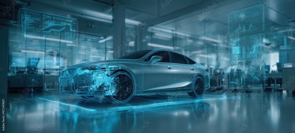 Fototapeta premium The futuristic car showcased with holographic technology and innovative design elements.