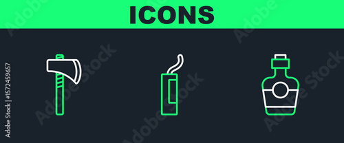 Set line Tequila bottle, Tomahawk axe and Dynamite bomb icon. Vector