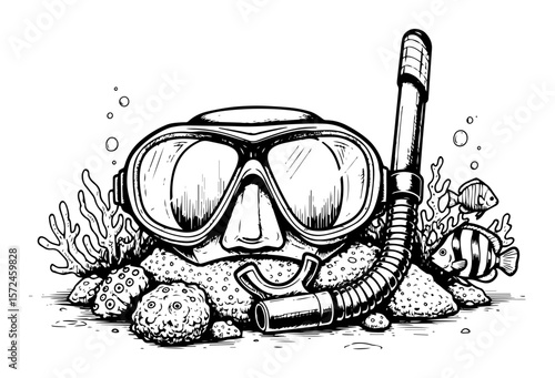 scuba diving mask on sea bottom sketch