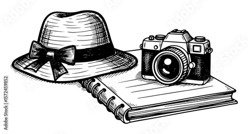 travel concept still life with camera and hat sketch