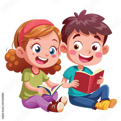 Cartoon illustration of smiling children reading a book