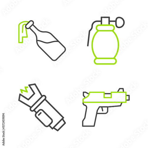 Set line Pistol or gun, Police electric shocker, Hand grenade and Cocktail molotov icon. Vector