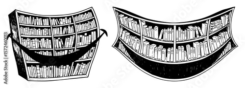 surreal bookshelf smile concept for library or book store vintage sketch vector illustration