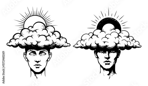 head in clouds sun and moon surreal concept sketch vector
