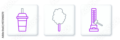 Set line High striker attraction with big hammer, Paper glass drinking straw and water and Cotton candy icon. Vector