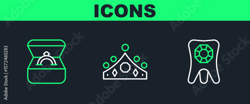 Set line Tooth with diamond, Diamond engagement ring in box and King crown icon. Vector