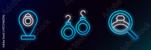 Set line Diamond engagement ring, Jewelry store and Earrings icon. Glowing neon. Vector