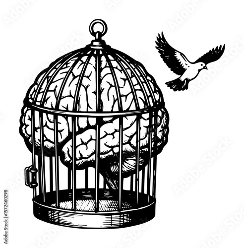 brain in birdcage with flying dove concept sketch vector