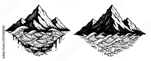 surreal mountain and ocean waves concept sketch