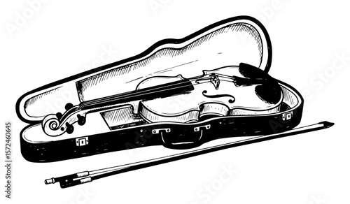 hand drawn violin in case with bow vector illustration