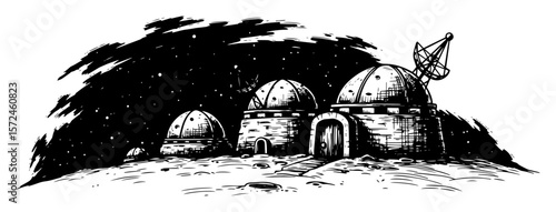 space base on moon or alien planet at night sketch science fiction vector illustration