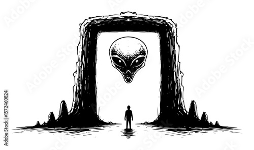 human meets alien in front of mysterious portal sci-fi concept art vector illustration