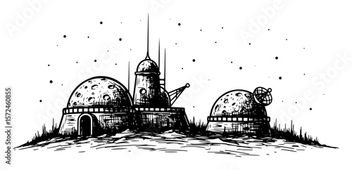 hand drawn space colony on alien planet surface science fiction sketch vector illustration